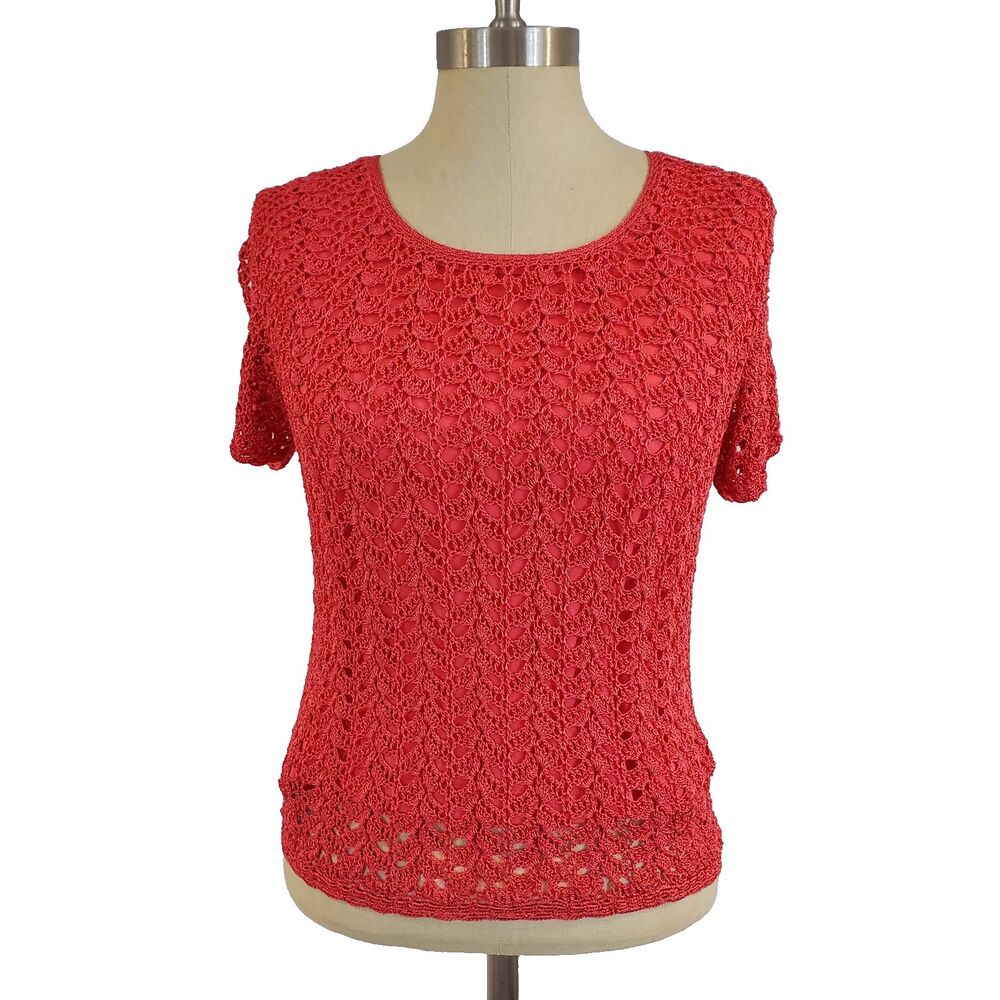 Emma James Open Knit Crochet Blouse M Beachy Boho Travel Preppy Coral Red